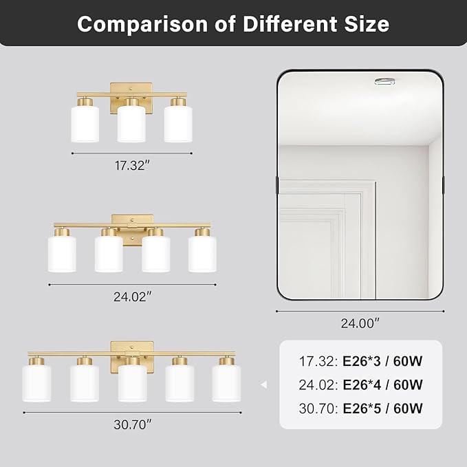 Gold Bathroom Light Fixtures, 4-Light Modern Vanity Light Over Mirror, Wall Sconces with Milky White Frosted Glass Shades, E26 Socket (Bulbs Not Included)