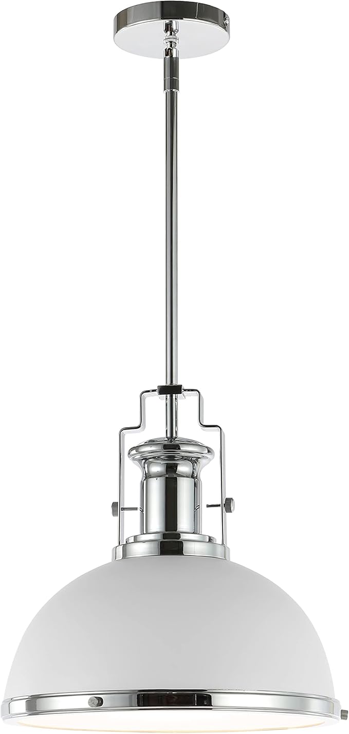 JONATHAN Y 13" Chrome/White Modern Industrial Iron LED Dome Pendant Light, Adjustable Hanging Fixture for Kitchen Island or Entryway, Black Metal Shade, LED Bulb Included (JYL9536C)
