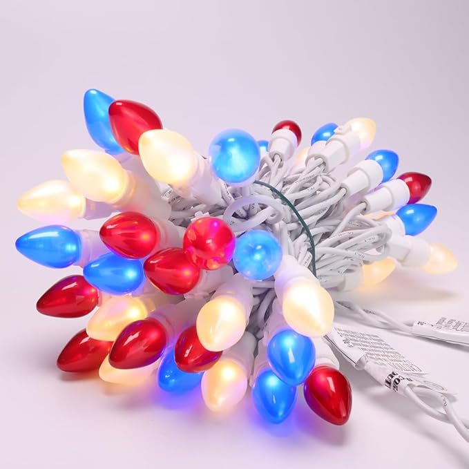 4th of July Decoration Patriotic LED C3 Glass Mini Lights 50 Count Red White Blue Plug in String Lights 120V ETL Cerfified Plug in for Indoor Outdoor Christmas Party Patio Independence Day Decoration