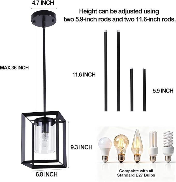 COTULIN 3 Pack Black Pendant Lights for Kitchen Island, Farmhouse 1-Light Iron Cage Metal Hanging Light with Clear Glass Shade, Industrial Lighting Fixtures for Living Room Bedroom Hallway Foyer