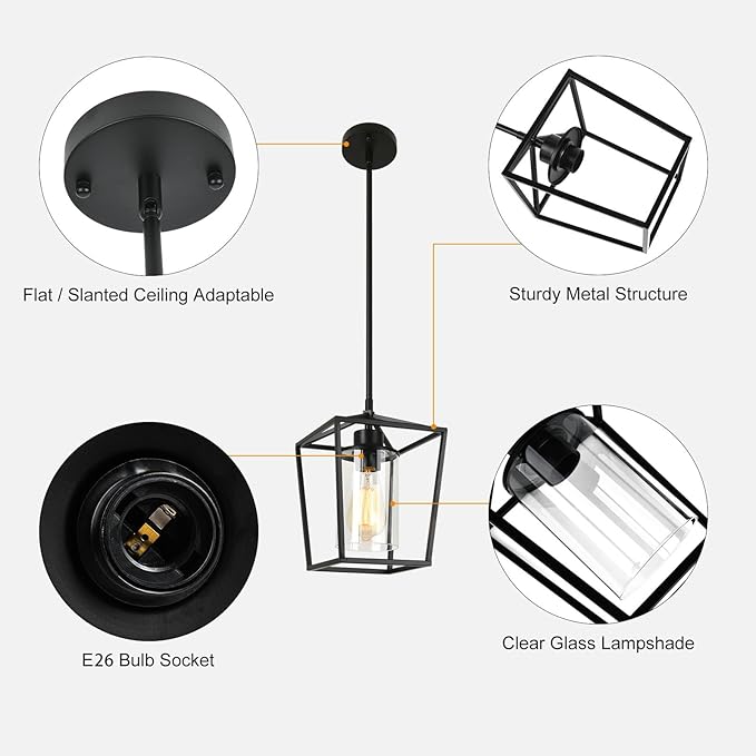 Black Pendant Lights Kitchen Island, 1-Light Farmhouse Kitchen Pendant Lighting Over Island, Metal Cage Island Hanging Lights for Kitchen, Dining Room, Entryway, Hallway, Foyer