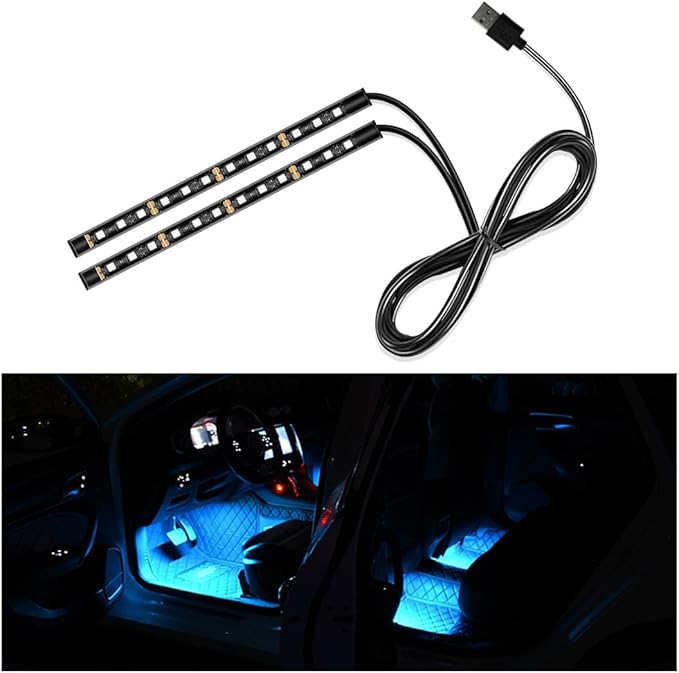 Car LED Strip Light, 24 LED Auto Interior Under Dash Atmosphere Lights with USB Port, Vehicle Decor Lamp Ambient Night Light Strip Lighting Kit, Universal Car Accessories (Ice Blue)