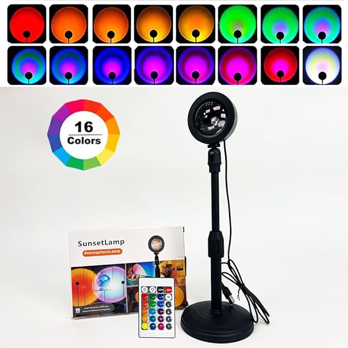 Sunset Projection Lamp with Remote – 16 Colors, Adjustable Mood Lighting, Strobe & Flash Modes – Bedroom, Party & TikTok Aesthetic