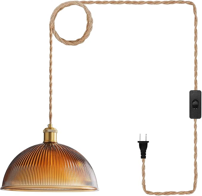Plug in Pendant Light: Amber Hanging Lamp Plug in Pendant Lamp, Glass Pendant Lighting for Kitchen Island, Bedroom, Dining Room, Living Room, No Bulb