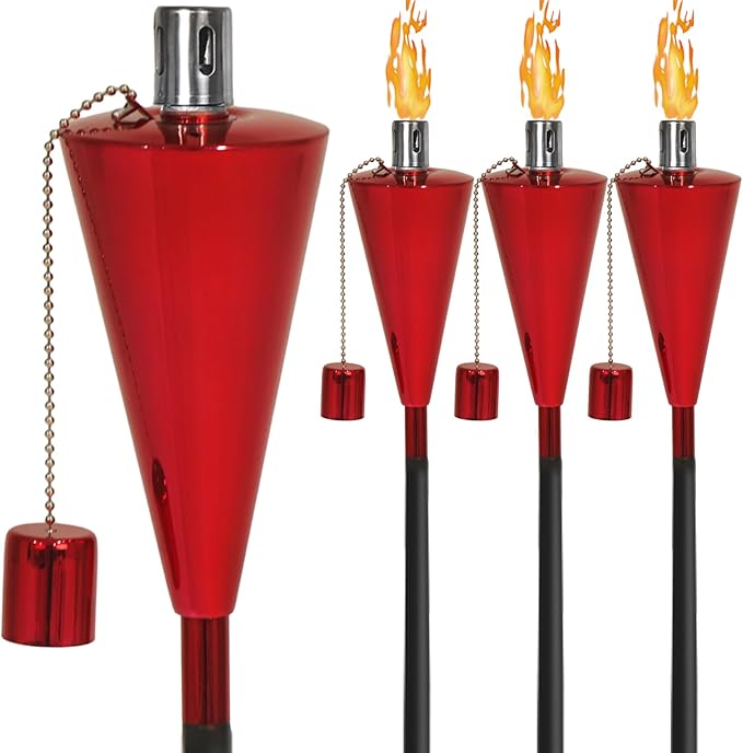 FAB BASED 55 Inch Outdoor Oil Torch Lamp–4 Pack Pieces Rustproof Stainless Steel Citronella Torches, 12.17 oz, Includes Funnel & Fiberglass Wicks for Patio Garden Backyard (Red)