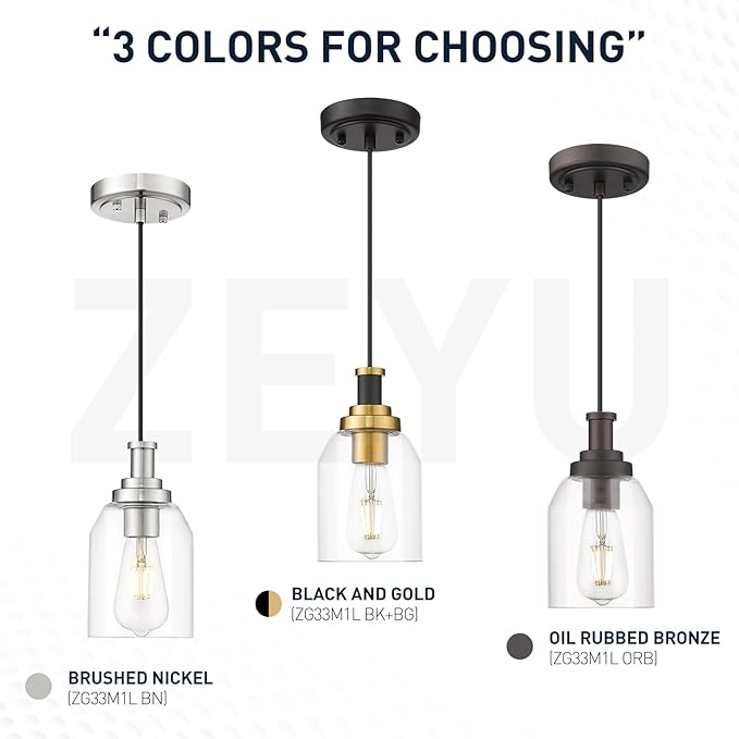 zeyu Modern Pendant Light 2 Pack, Hanging Ceiling Light Fixture for Dining Room Bedroom, Brushed Nickel Pendant Lighting with Clear Glass Shade, ZG33M1L-2 BN