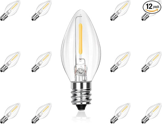 C7 LED Replacement Bulbs, Clear Christmas & Halloween Light Bulbs for Outdoor String Lights, Patio Xmas Tree Wedding Holiday Party Decor, E12 Candelabra Base, 2700K Warm White, 12 Pack
