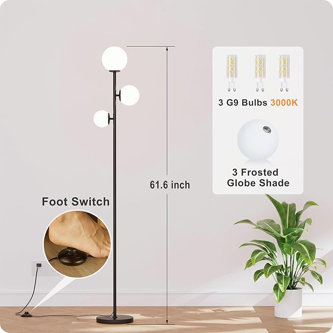 Floor lamp with 3 Frosted Glass Shades,Stangding Lamp Floor Lamps for Living Room Bedroom Office with 3 led Bulbs,Tall lamp with Foot Switch (Black)