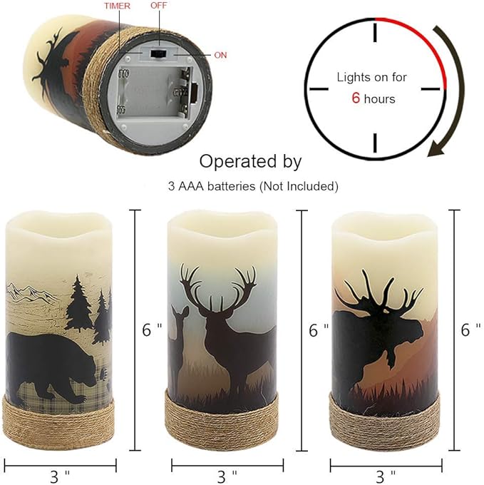 GenSwin Flameless Flickering Led Candles with Hemp Rope and 6H Timer, Battery Operated Set of 3 Real Wax Pillar Rustic Candles Warm Light with Deer, Moose, Bear Decals Decor Christmas Home(D3 x H6)