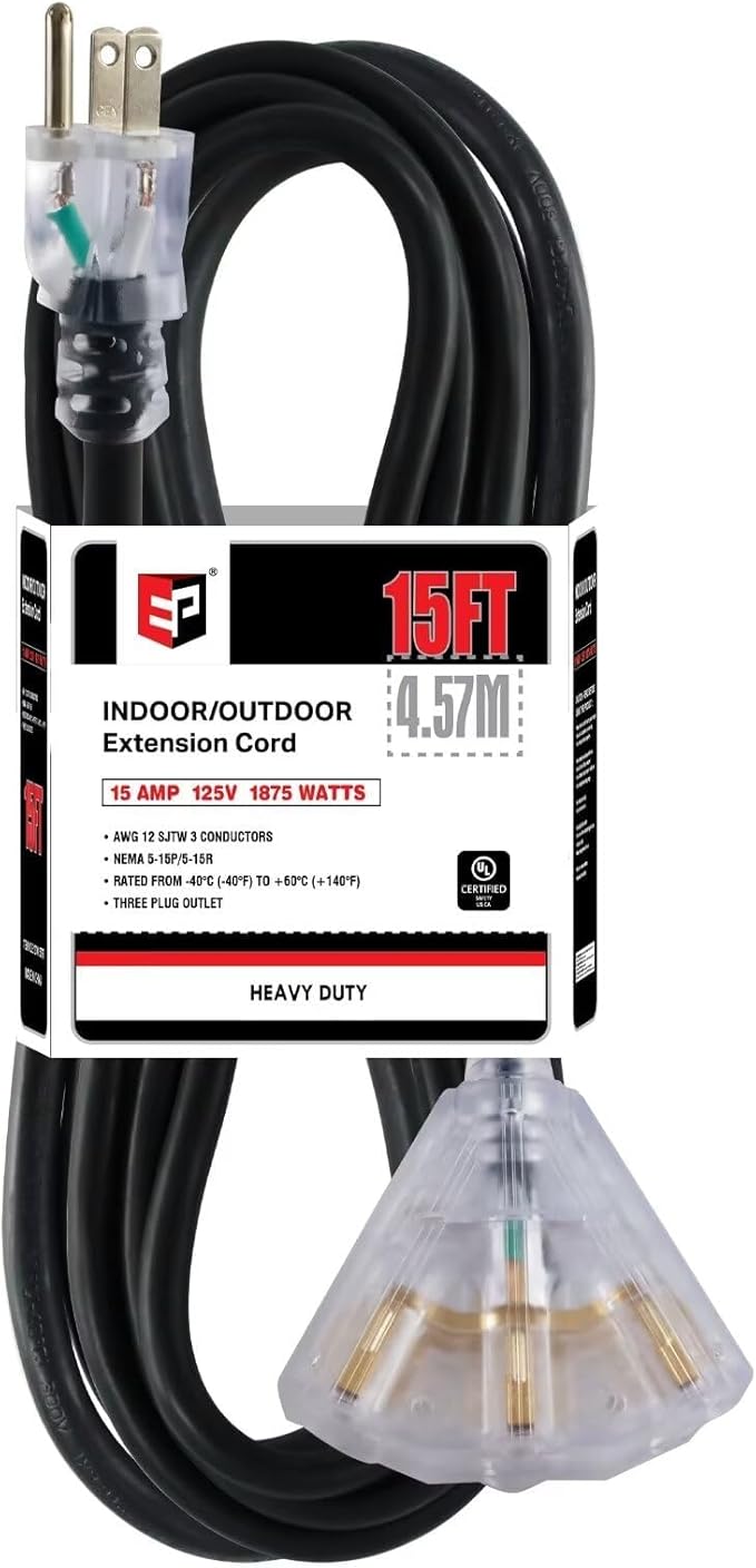 EP 15 Ft 12 Gauge Heavy Duty Extension Cord, 15A 125V 1875W, 3 Outlet Indoor/Outdoor Power Cord with Lighted End, 12/3 SJTW Weatherproof Black