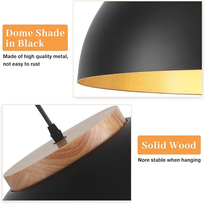 Large Pendant Lights, 16" Black Pendant Light for Kitchen Island, Farmhouse Pendant Light Fixtures for Dining Room, Living Room, Bedroom, Bar, Vintage Pendant Lamp with Wooden Holder, 2 Pack
