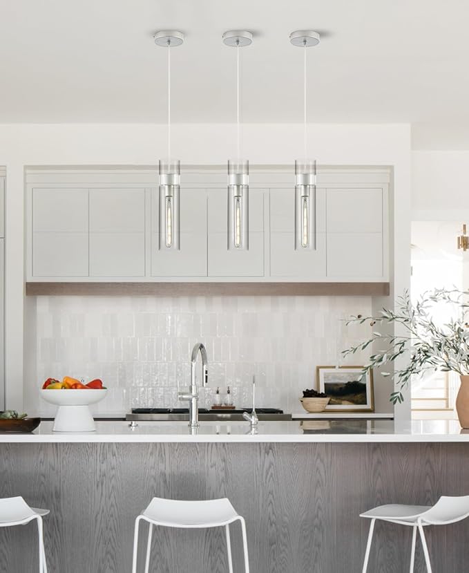 3 Pack Pendant Lights Kitchen Island (Bulbs Included), Brushed Nickel Adjustable Modern Glass Pendant Light Over Island, Industrial Pendant Light Fixtures for Dining Room Hallway Bedroom Living Room