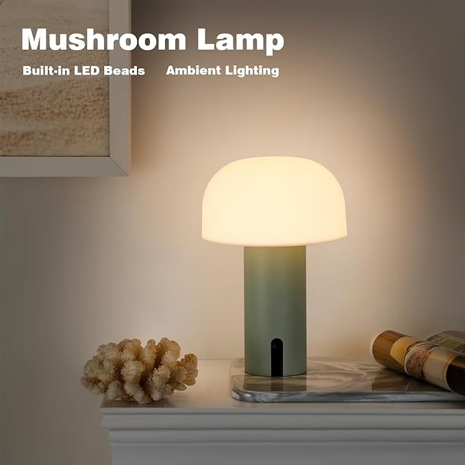 Cordless Mushroom Table Lamp for Outdoor/Indoor, Rechargeable Waterproof Battery Operated Lamp, 3-Color Touch Dimmable Light for Bedside/Shower/Patio/Camping/Dinning/Counter/Kitchen/Nursery Sage Green