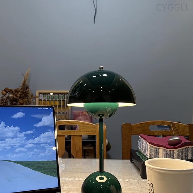 Modern Flower Bud Lamp 12" Cordless Touch Lamp Dimmable 2600mAh Rechargeable Desk Lamp Nordic Minimalist Mushroom Lamp Nightstand Bedside Lamp for Bedroom Living Room(Dark Green) No Reading Light