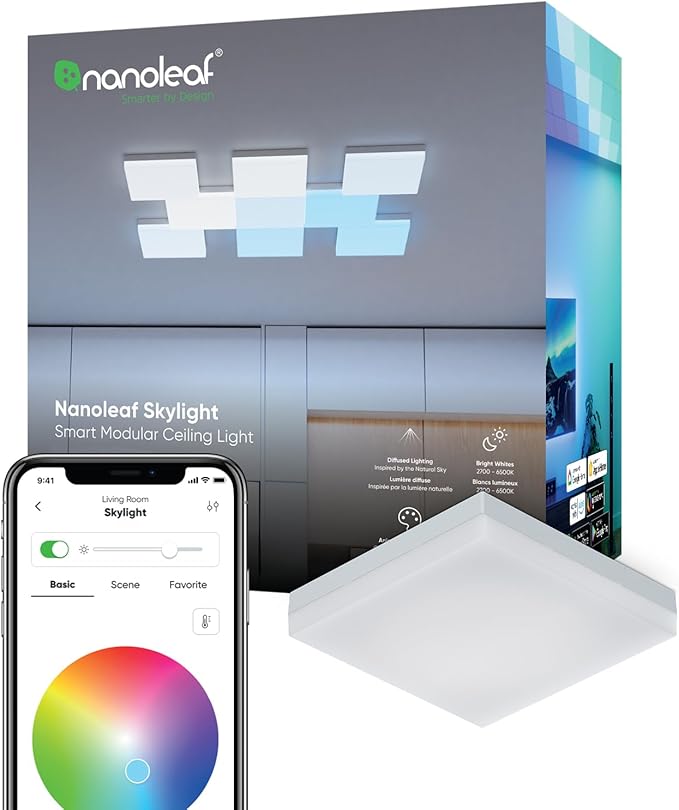 Nanoleaf Smart Ceiling Light, RGBCW LED Ceiling Lights Compatible with Alexa, Flush Mount Light Fixture with 16M+ Colours & Dynamic Scenes, Music Sync, 2700K-6500K Dimmable, Skylight Expansion 1PK