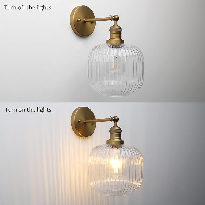 Pathson Modern Wall Sconce Lamp Clear Striped Round Glass, Hardwired Vintage Wall Vanity Light Fixture for Farmhouse Living Room Bedroom Bathroom Loft
