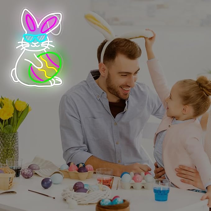 Easter Bunny Neon Sign Dimmable Easter Ear Waving Neon Light for Wall Decor Led Animated Bunny Ear Decoration for Window Light Up Sign for Bedroom