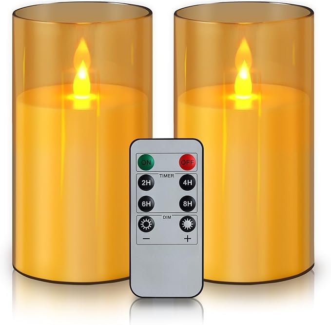 Flameless Candles 4" 5" 6" Set of 2 Acrylic Glass Pillars 3" Diameter Battery Operated Flickering Candles Include 8-Key Remote with Timer Function 400+ Hours (Amber, 2 Pack)