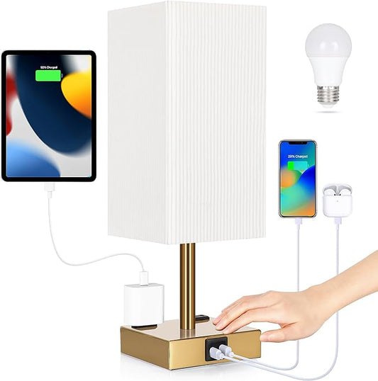 Soilsiu Bedside Lamp with USB Ports - Touch Control Table Lamp for Bedroom with USB C+A Ports & AC Outlets, 3 Way Dimmable Nightstand Light with Pleated Shade for Living Room(Bulb Included)