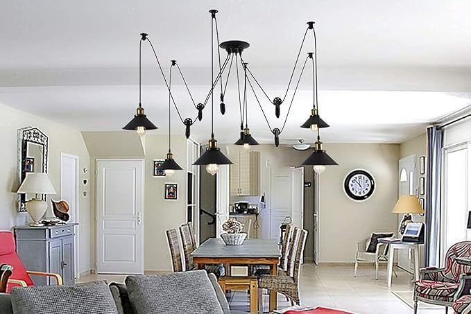 Pulley Pendant Light With 6 Lights, Adjustable DIY Industrial Vintage Rustic Chandelier Mount Ceiling Light Edison Rustic Chandelier,Hanging Pedant Lights Fixture for Dining Room,Warehouse,Farmhouse
