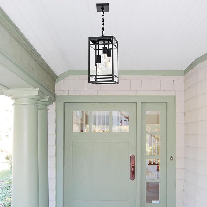 3-Light Outdoor Pendant Lights for Porch, Black Outdoor Chandelier 16'' Large Exterior Hanging Porch Light Fixtures with Clear Glass, Waterproof Outside Pendant Lantern for Garage Foyer