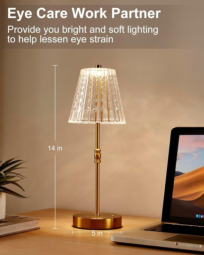 Cordless Table Lamp, 5000mAh Rechargeable Battery Operated Portable Lamp, Dimmable+3 Colors LED Touch Control, Vintage Crystal Lamp for Bedroom, Kitchen, Bar, Office