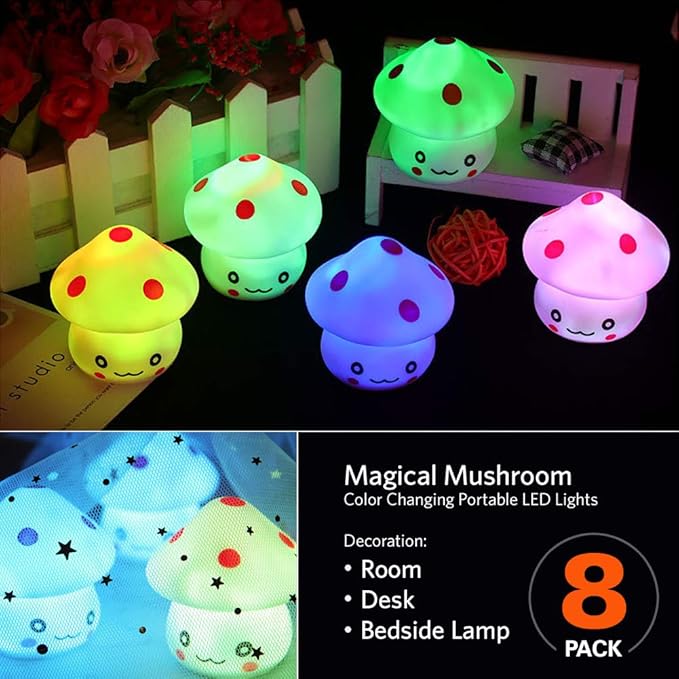 TornadoZ LED Light Up Color Changing Mushroom Toy (8 Pcs) | Multi-Color Flashing LED Night Light Lamp | Cute & Fun Creative Kids Toy | Home, Birthday & Party Decoration Gift Set
