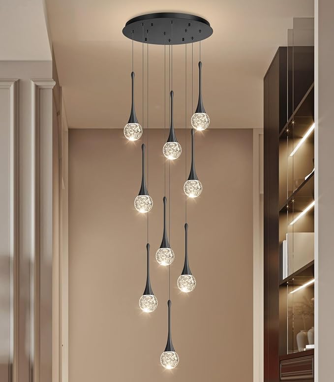 9 Light Modern Glam Crystal Chandelier for High Ceiling LED Dimmable Ceiling Pendant Light Staircase Foyer Enterway Living Room Chandelier Lighting Antique Black