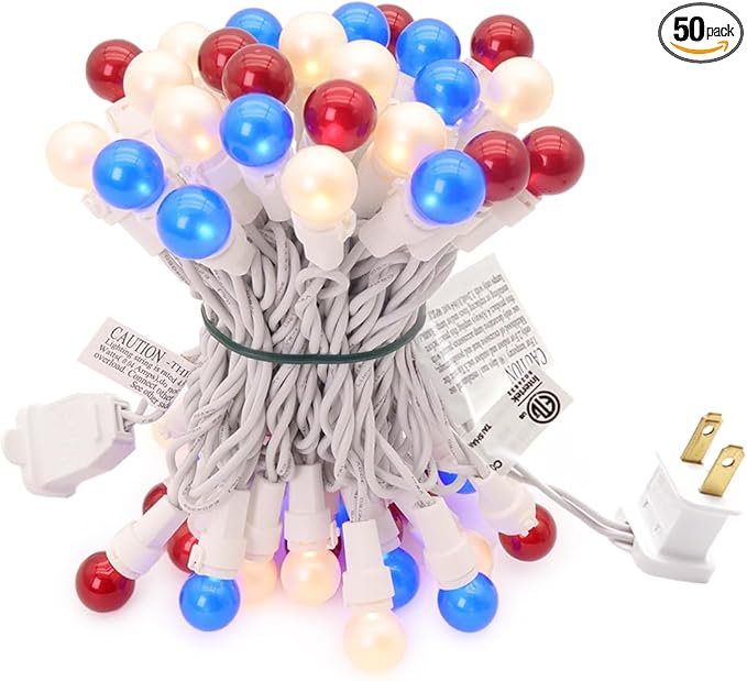 Red White Blue Christmas Lights White Wire - G15 Glass 50 Count 4th July Decoration Patriotic Mini String Lights for Indoor Outdoor Xmas Holiday Party Patio Independence Day Decoration