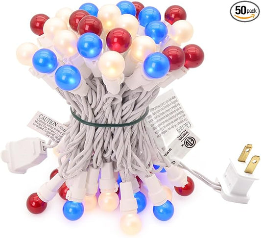 Red White Blue Christmas Lights White Wire - G15 Glass 50 Count 4th July Decoration Patriotic Mini String Lights for Indoor Outdoor Xmas Holiday Party Patio Independence Day Decoration