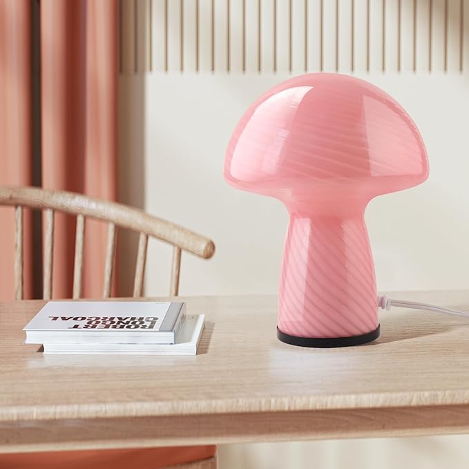 Mushroom lamp,Dimmable Glass Table Lamp,Vintage Style Table Lamp,Stripe Pink Bedside Desk lamp,Cute Table Lamps.（LED Bulbs Included）