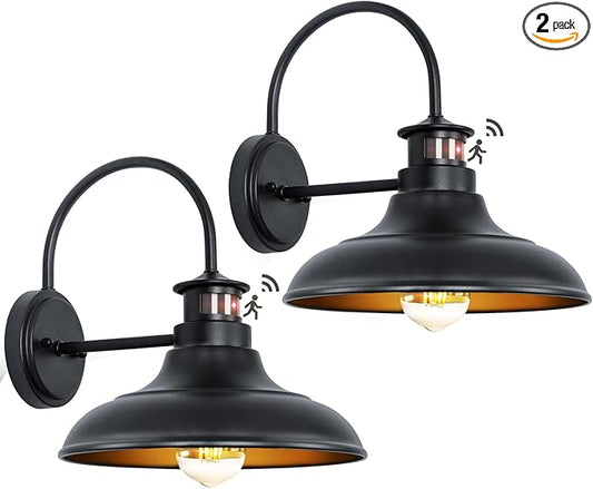 2 Packs Motion Sensor Outdoor Barn Lights - Dusk to Dawn Farmhouse Gooseneck Barn Light, 12in Large Black Porch Light Fixture Wall Mount, Exterior Wall Lighting Fixture for Garage Patio Doorway