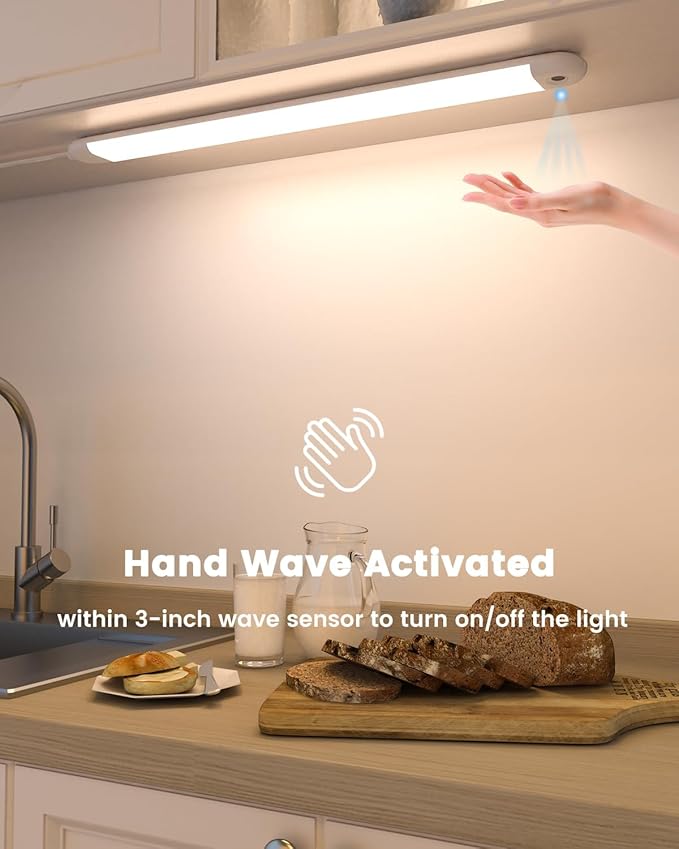 MYPLUS 24" Under Cabinet Lighting, 2pcs Hand Wave Sensor Under Counter Lights for Kitchen, 600LM Bright LED, 5 Color Temps, Dimmable Under Cabinet Lights Plug in for Desk,Sink,Workbench
