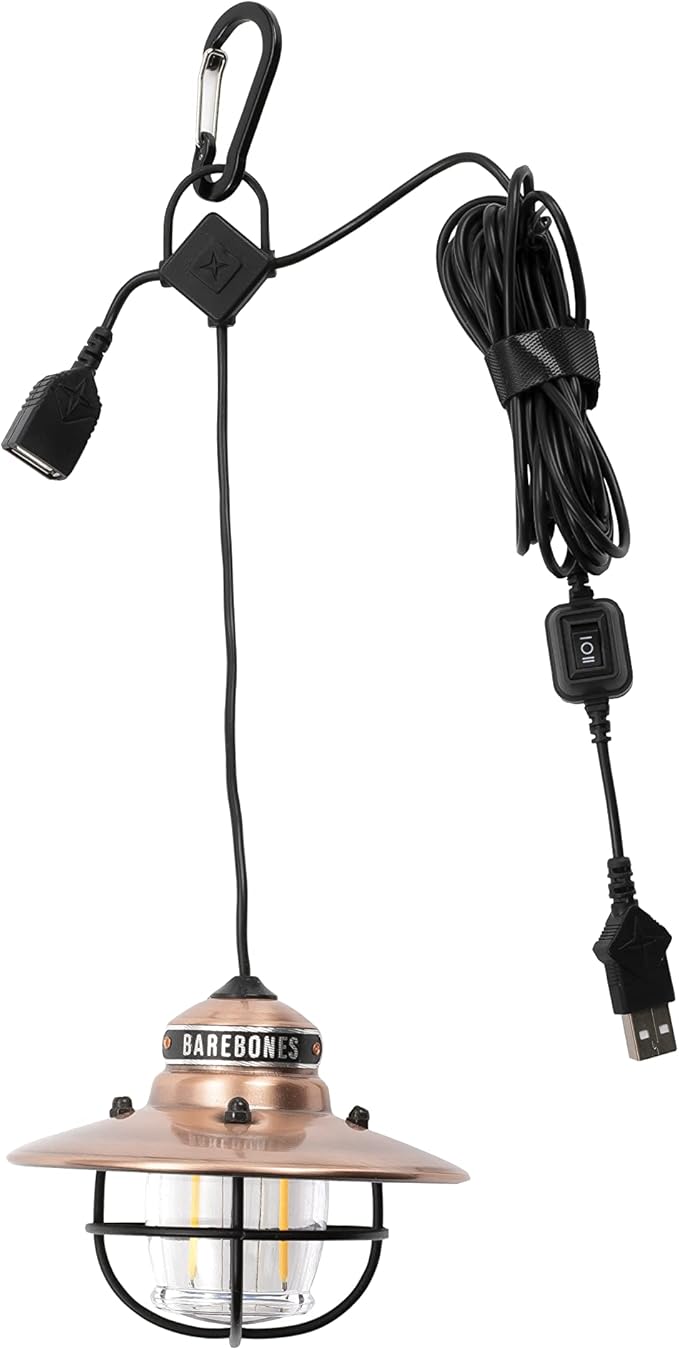 Barebones Edison Pendant Light – Copper, Vintage Rustic USB LED Hanging Light for Outdoor and Indoor Use – Adjustable Height String Lantern with Warm Edison Bulb Glow for Patio, Home, or Garden
