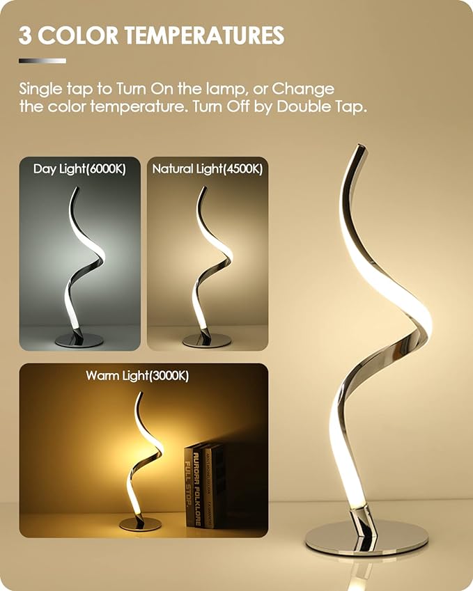 Yarra-Decor Modern Spiral Bedside Lamp - 3 Colors Touch Control LED Table Lamp, Stepless Dimmable Nightstand Lamps for Bedroom Living Room & Office(3000K 4000K 5000K)