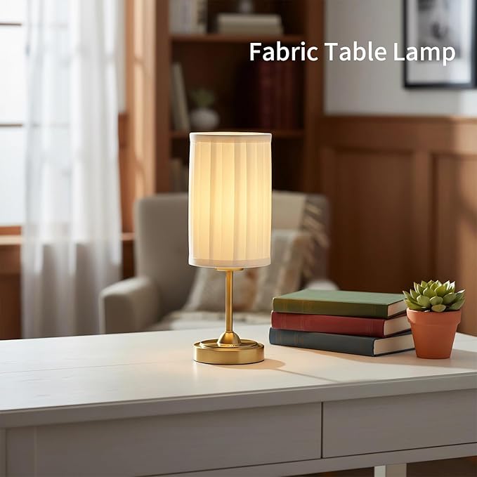Portables Cordless Table Lamp, LED Fabric Shade Desk Lamp,Rechargeable Battery Operated，Lighting for Bedroom, Bedside,Bar,Living Room, Dining Room, Night Light (Brass)