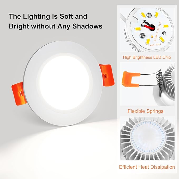 YGS-Tech 2 Inch LED Recessed Lighting, Dimmable Downlight 3W(35W Halogen Equivalent), CRI80, 5000K Daylight White Ceiling Light with LED Driver(4 Pack)