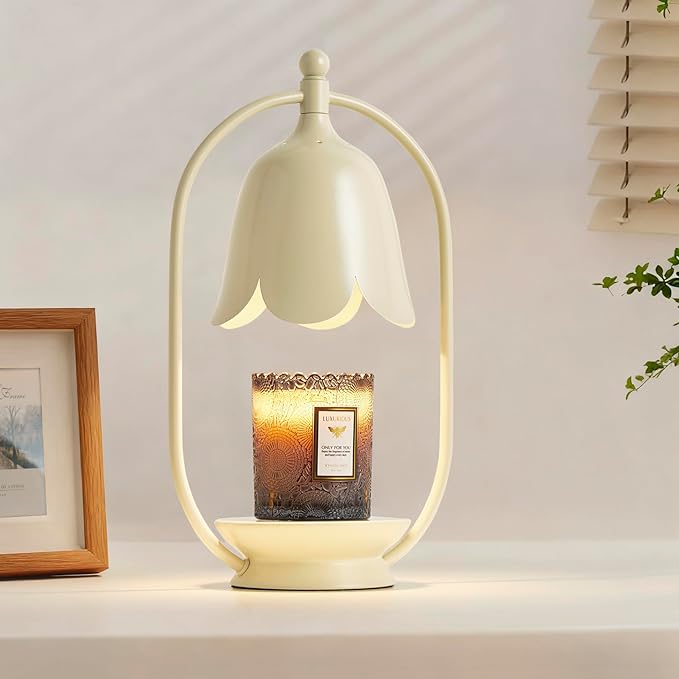 Beige Flower Candle Warmer Lamp, Christmas Gift New Year Present Wedding Lamp - Timer Dimmable, Bedroom House Aesthetic Living Girls Women Mom Room New Home Decor