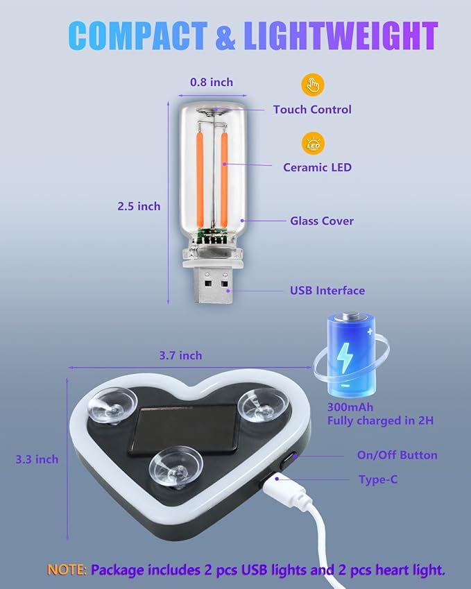 Valentines Day Decorations Car LED Interior Lights, Solar & Type-C Rechargeable Heart-Shaped Car Ambient Lights, 2 PCS Heart Lights & 2 PCS Mini USB Lights, Pink Car Decorations