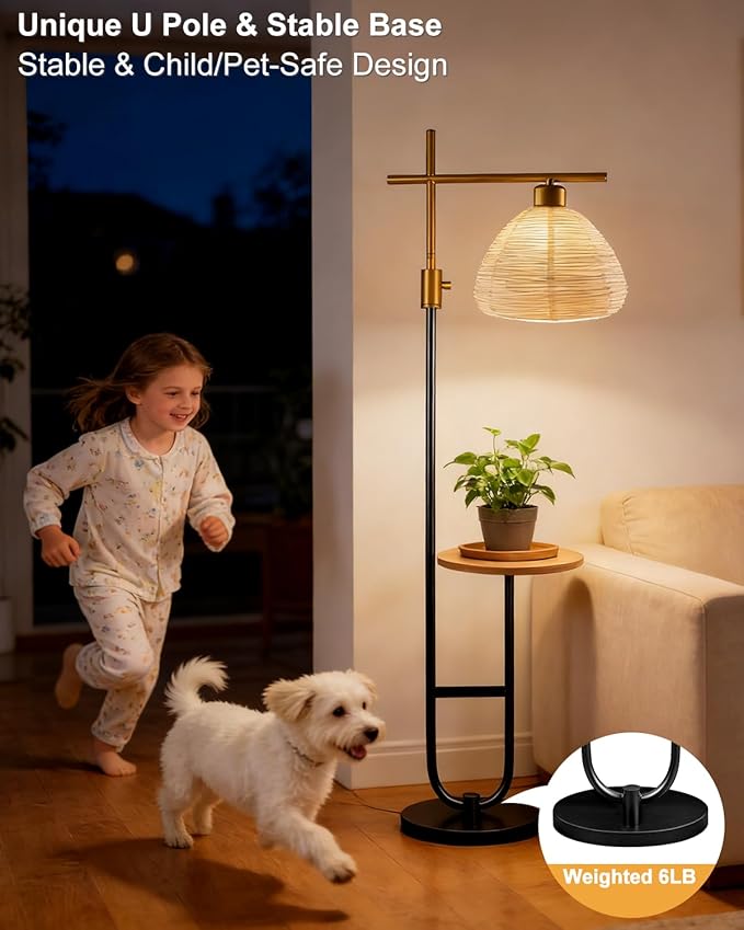 66IN Gold&Black Dimmable Floor Lamps with Storage Table, Modern Standing Tall Lamp with Milky White Lampshade, Cross-Shaped Lamp Head and U-Pole Base Style for Living Room/Bedroom