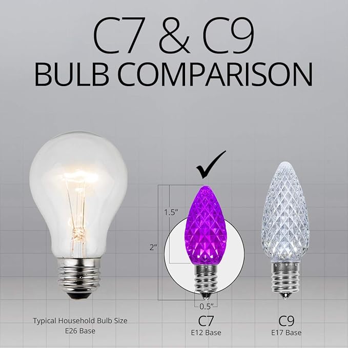 Set of 50 C7 OptiCore Commercial Purple Christmas Lights – Heavy Duty LED Outdoor Bulbs for Halloween, Party, Bedroom, Green Wire (50 ft)