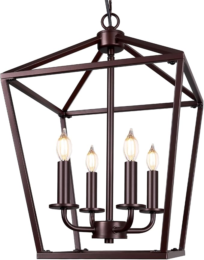 Farmhouse Chandelier 4-Light, Oil-Rubbed Bronze Pendant Light Fixture for Kitchen Island Dining Room, Lantern Industrial Lighting Ceiling Hanging with Metal Cage Adjustable Height for Entryway Foyer