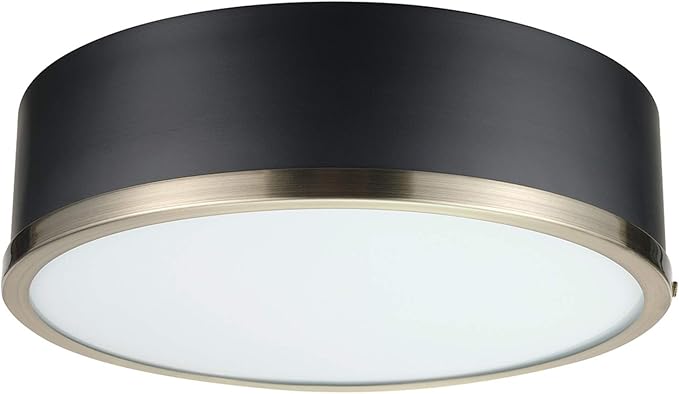 GLOBE Electric 60309 2-Light Flush Mount Ceiling Light, Matte Black, Antique Brass Accents, Frosted Glass Shade, Bedroom Lighting Fixtures Ceiling, Dining Room Fixture, Lighting for Hallway