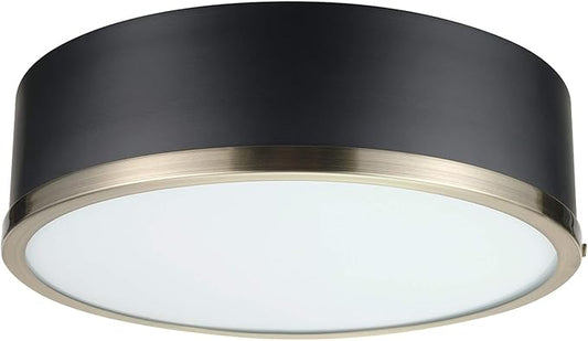 GLOBE Electric 60309 2-Light Flush Mount Ceiling Light, Matte Black, Antique Brass Accents, Frosted Glass Shade, Bedroom Lighting Fixtures Ceiling, Dining Room Fixture, Lighting for Hallway