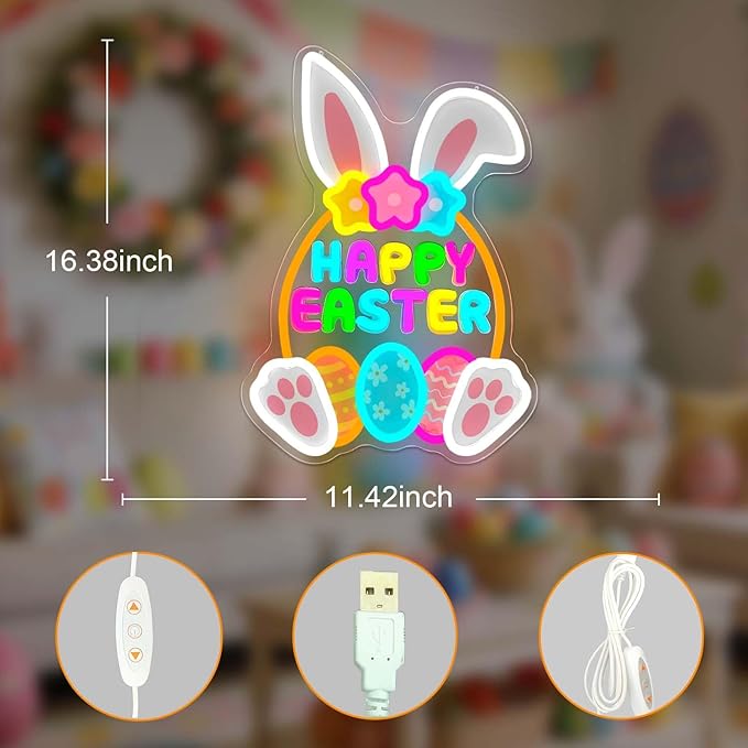 Happy Easter Neon Sign for Wall Bunny Neon Light for Bedroom Door Dimmable Eggs Led Sign Light Up Basket Sign for Shop Home Office Easter Decorations Neon Wall Art Gifts for Family
