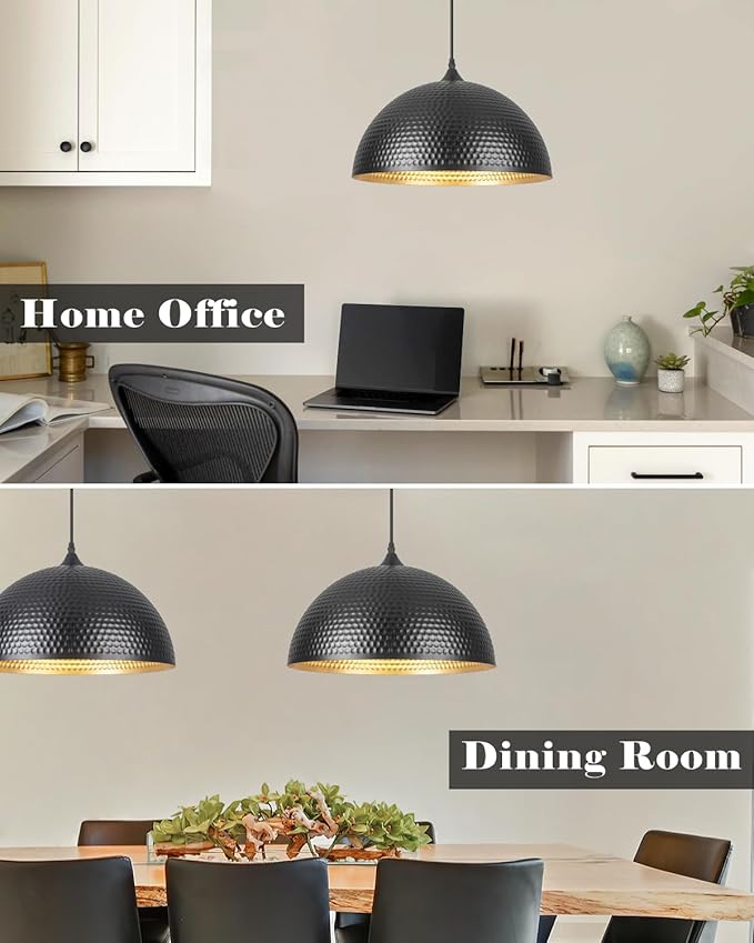 16 inch Black and Gold Pendant Light 2 Pack, Hammered Large Industrial Pendant Lights Kitchen Island, Black Dome Pendant Light for Kitchen Island, Dining Room, Bar