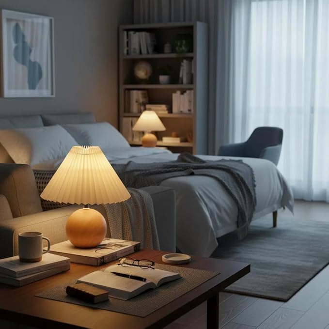 Bedside Night Table Lamp for Bedroom Adjustable Brightness Minimalist Bedside Lamp with Pleated Lampshade Small Night Light for Kids Room, Living Room, College Dorm, Home Bar