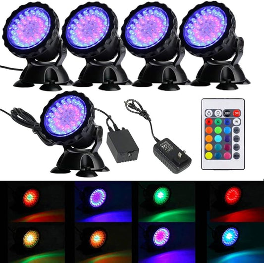 iMeshbean 12-LED Led Submersible Pond Lights,Set of 4/6 Underwater Pool Fountain Waterfall Lights PL1LED with Color Lens (Set of 5 with Remote Control)