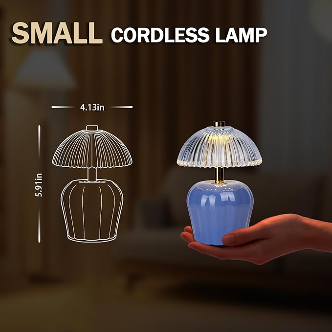 MJ PREMIER Small Cordless Lamp, Battery Operated Lamp with Timer, Mini Crystal Glass Mushroom Lampshade, Cute Small Table Lamps, Decorative Led Light for Bedroom Living Room Shelf (Blue)