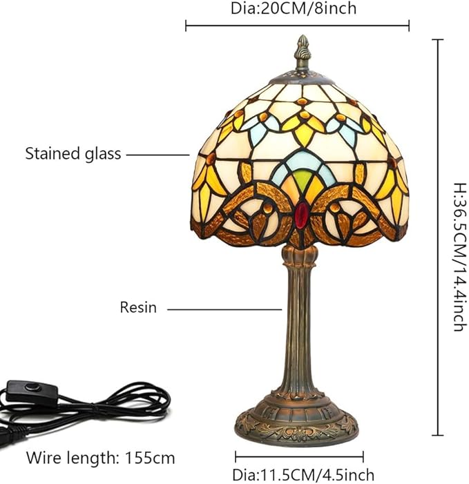 Tiffany Table 8 Inch Small Stained Glass Table Lamp Retro Baroque Reading Light, Suitable For Bedrooms Living Rooms Offices Study Rooms Tiffany Style Retro Home Decoration Crafts (Yellow, Brown)
